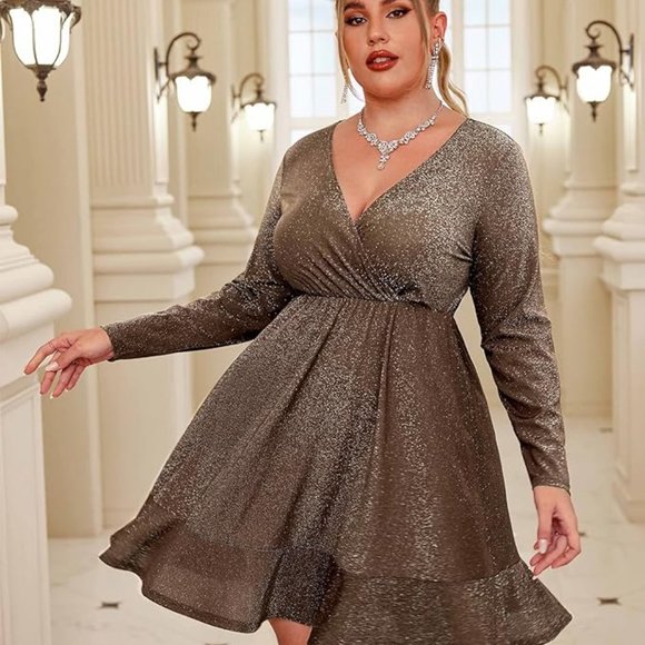 IN'VOLAND Plus Size Women Dress V Neck Ruched Fall Long Sleeve Short Mini - Picture 2 of 8